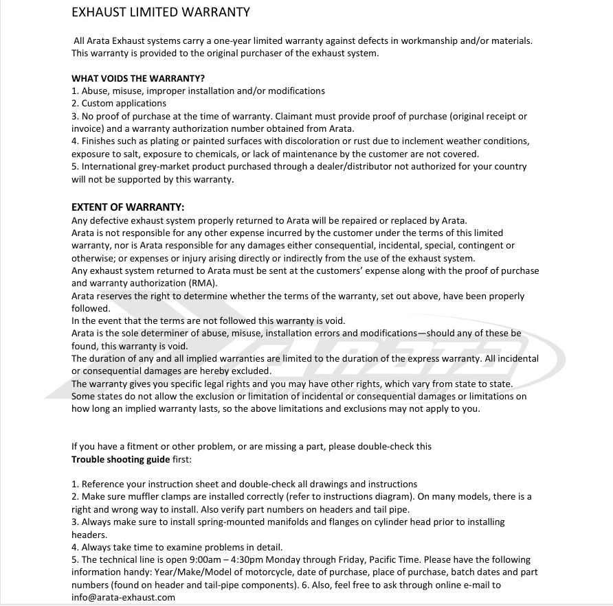 exhaust limited warrantee